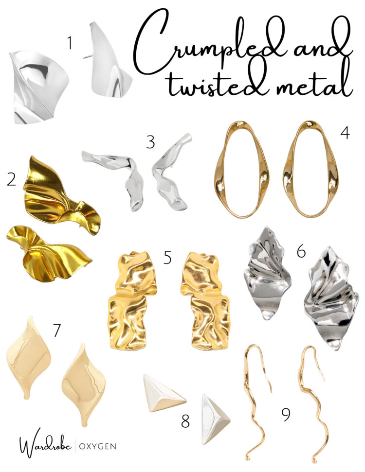 collage of eight pairs of silver and gold earrings that look like crumpled or twisted metal