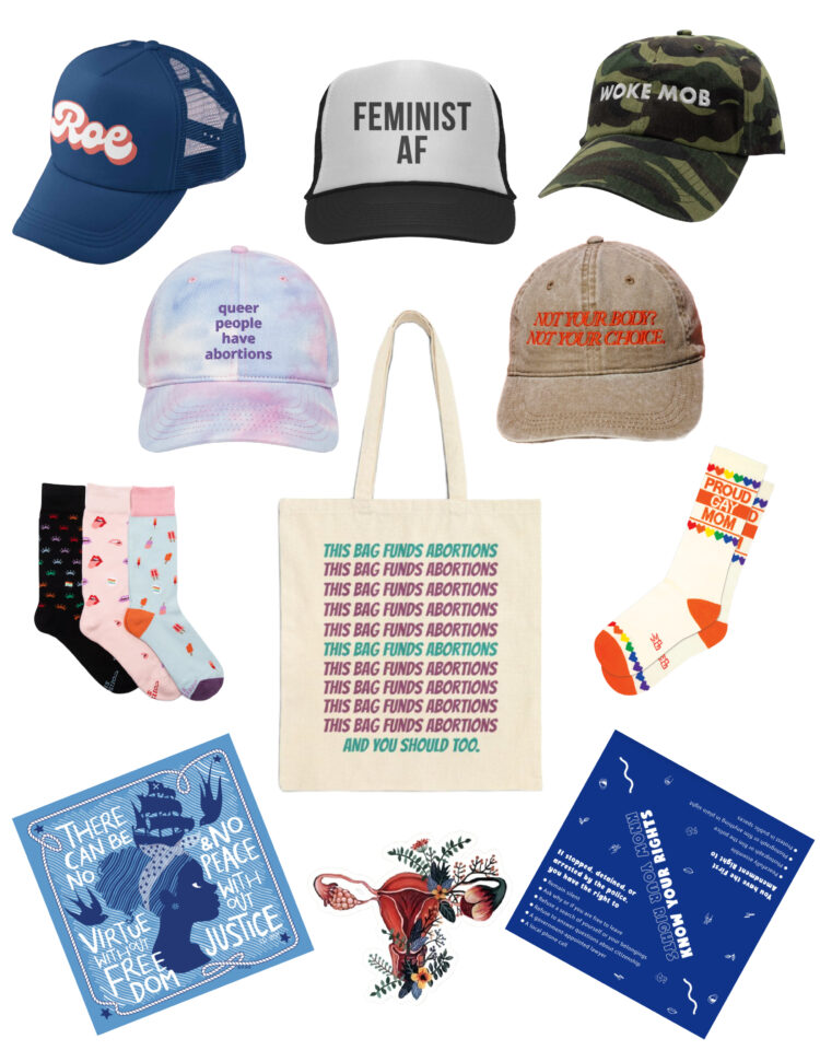 collage of five hats, one tote, two socks offerings, two bandanas, and a uterus sticker