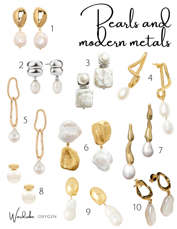 collage of ten pairs of modern pearl and metal earrings