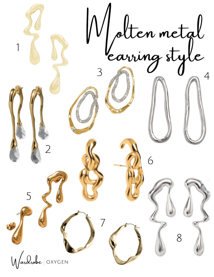 collage of 8 styles of molten metal earrings