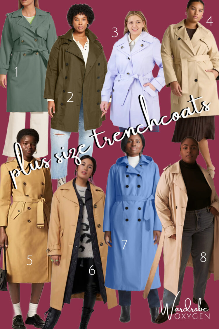 a collage of eight different water resistant trenchcoats for women available in plus sizes