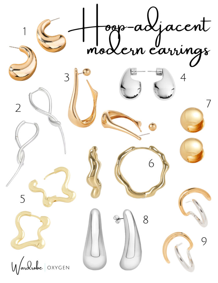 a collage of 9 different silver and gold architectural and sculptural hoop earrings for 2025