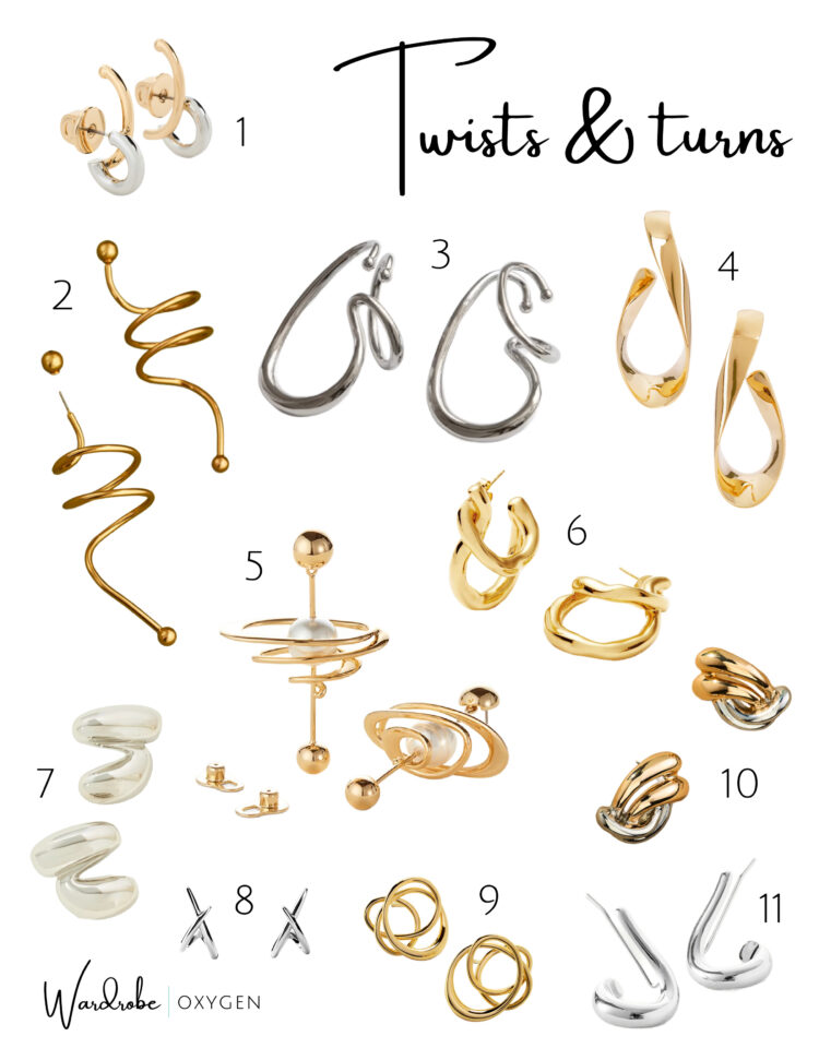 collage of 11 pairs of silver and gold twisting earrings on trend for 2025