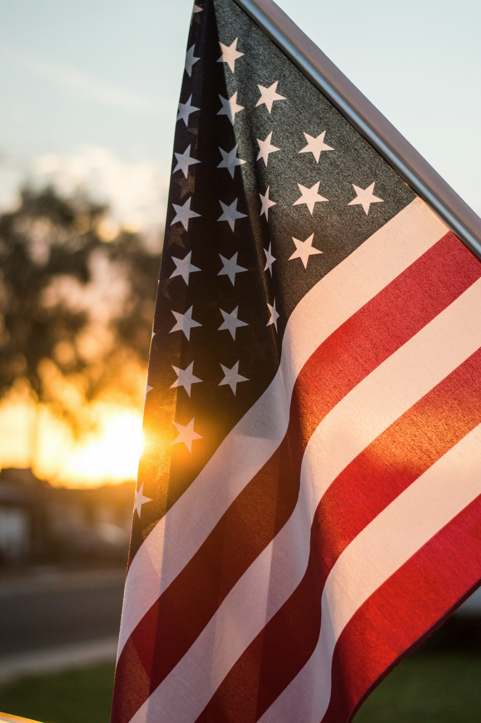 image of an american flag in front of trees and a sunset