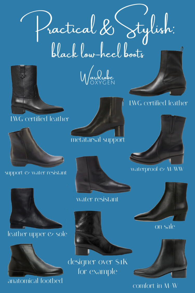 collage of 11 stylish flat black leather ankle boots