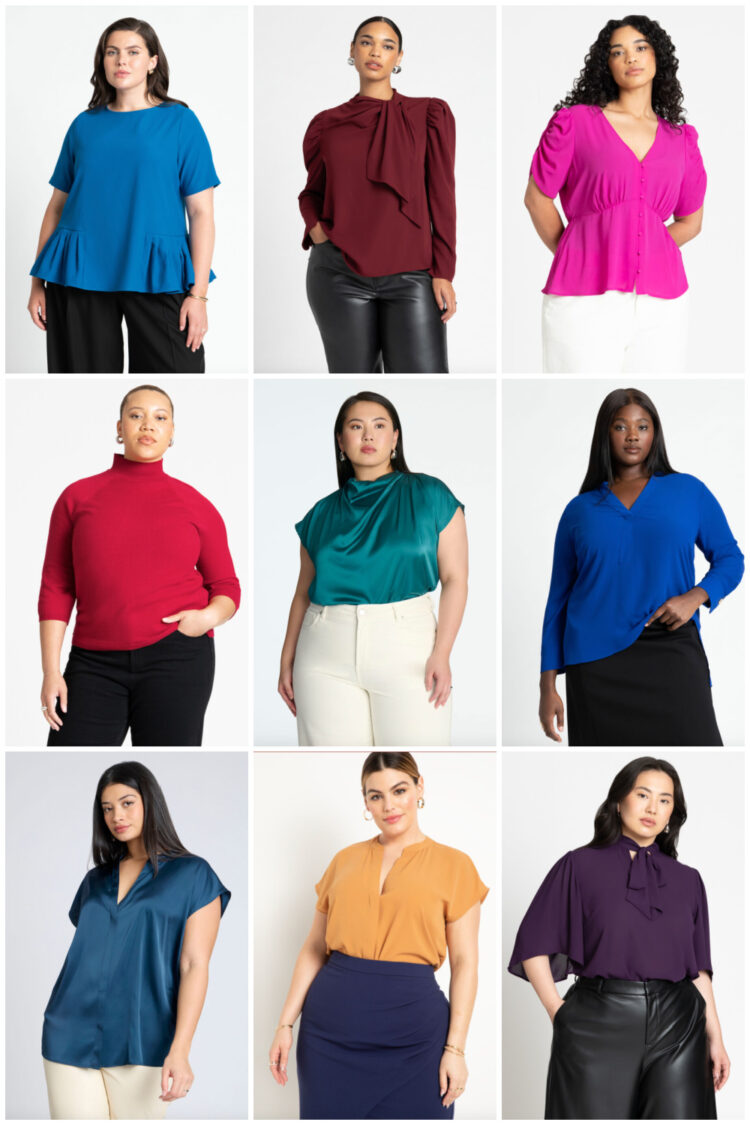 collage of 9 colorful plus size work blouses from eloquii