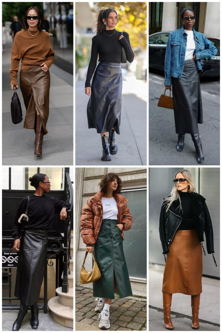 6 examples of stysh street style where women are wearing long leather skirts with boots and sneakers