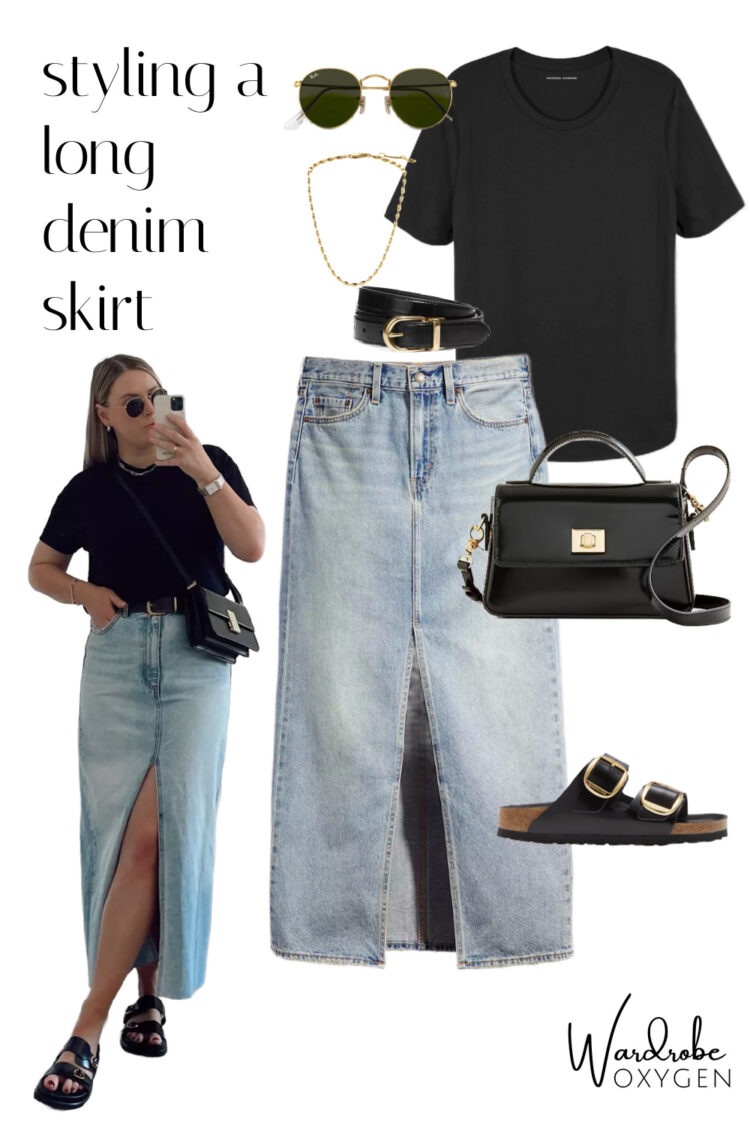 how to style a long denim skirt with sandals