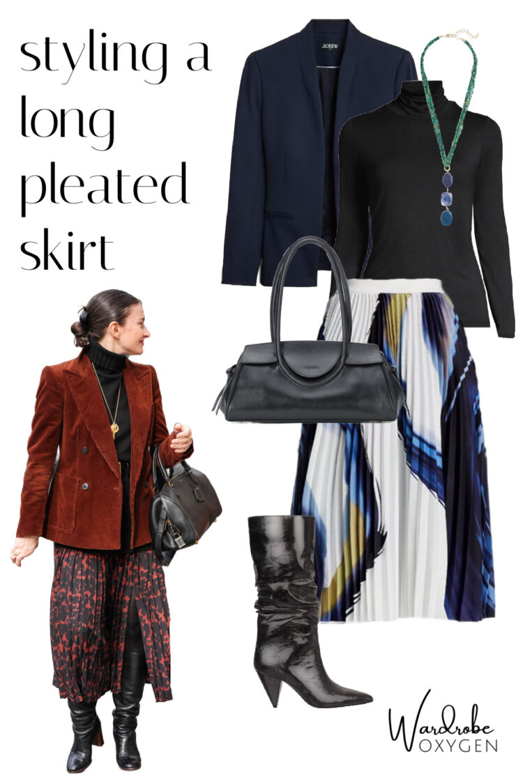 how to style a long pleated skirt with boots