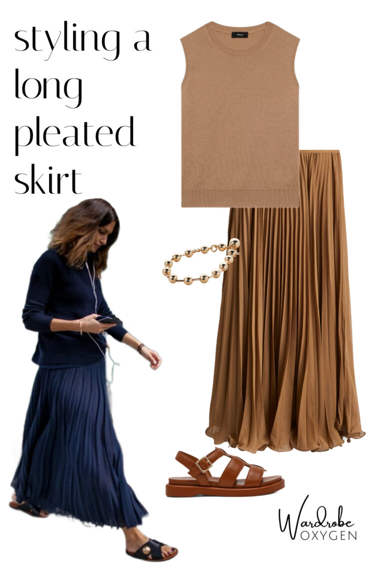 how to style a long pleated skirt with sandals