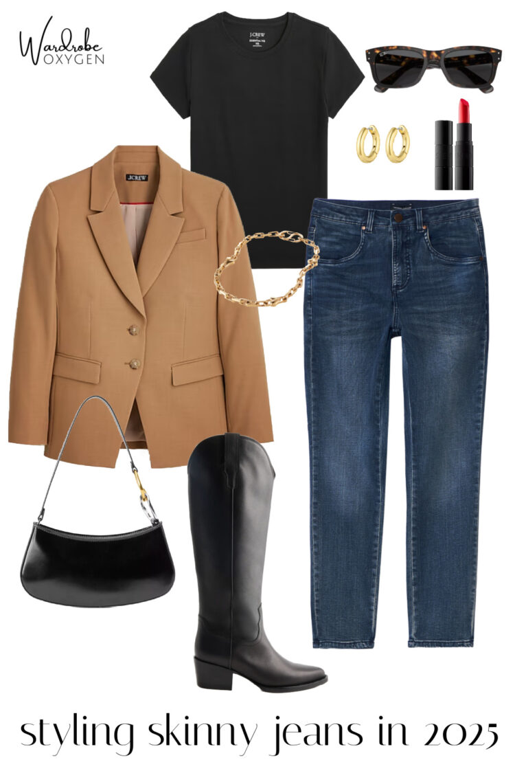 collage showing how to style skinny jeans with a wool blazer and knee-high black leather boots