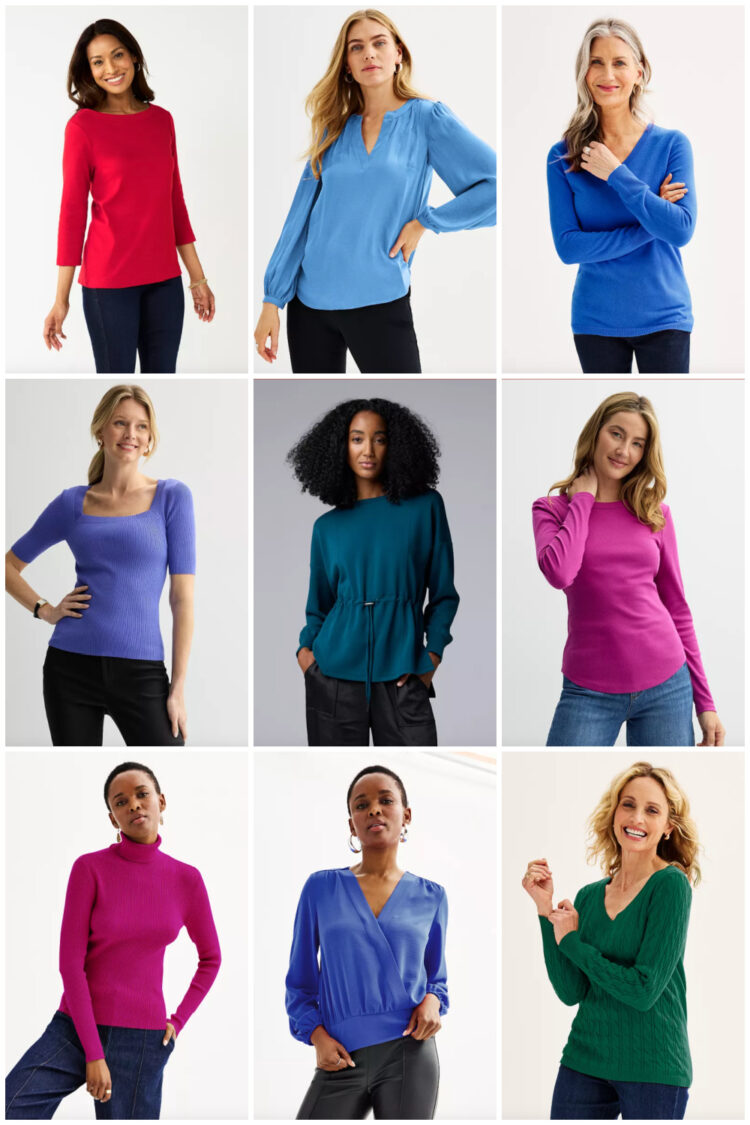 collage of nine kohls refined knit tops