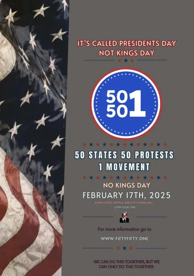 No Kings Day National Day of Protest poster 50 states 50 protests one movement February 17 2025