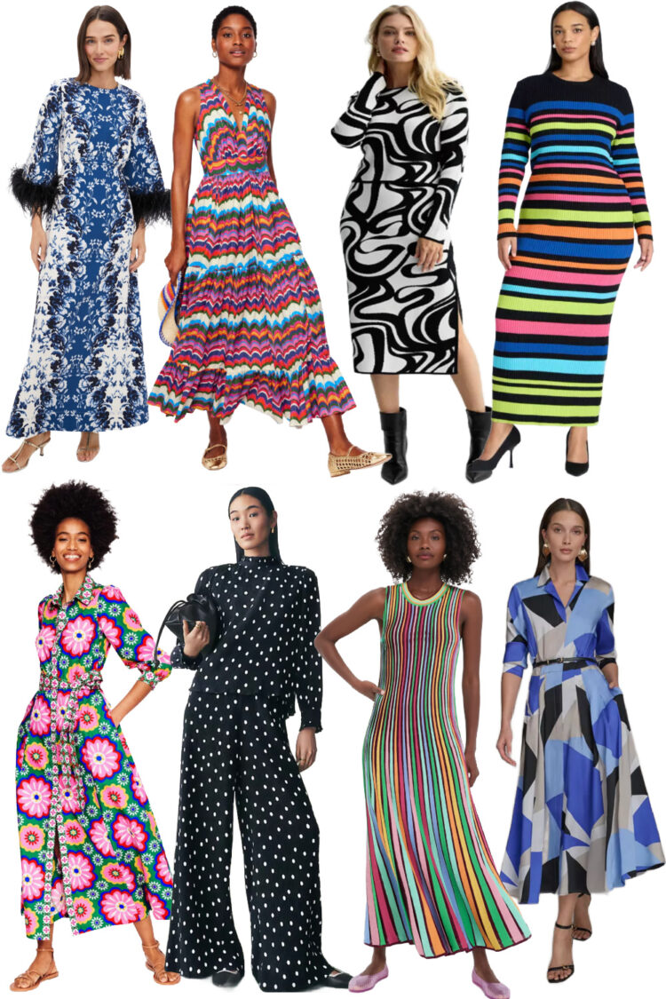 collage of four printed dresses or two-piece sets