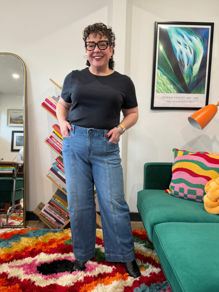 Alison Gary of Wardrobe Oxygen in a black t-shirt tucked into the Talbots Classic Jean Trousers - Renwick Wash