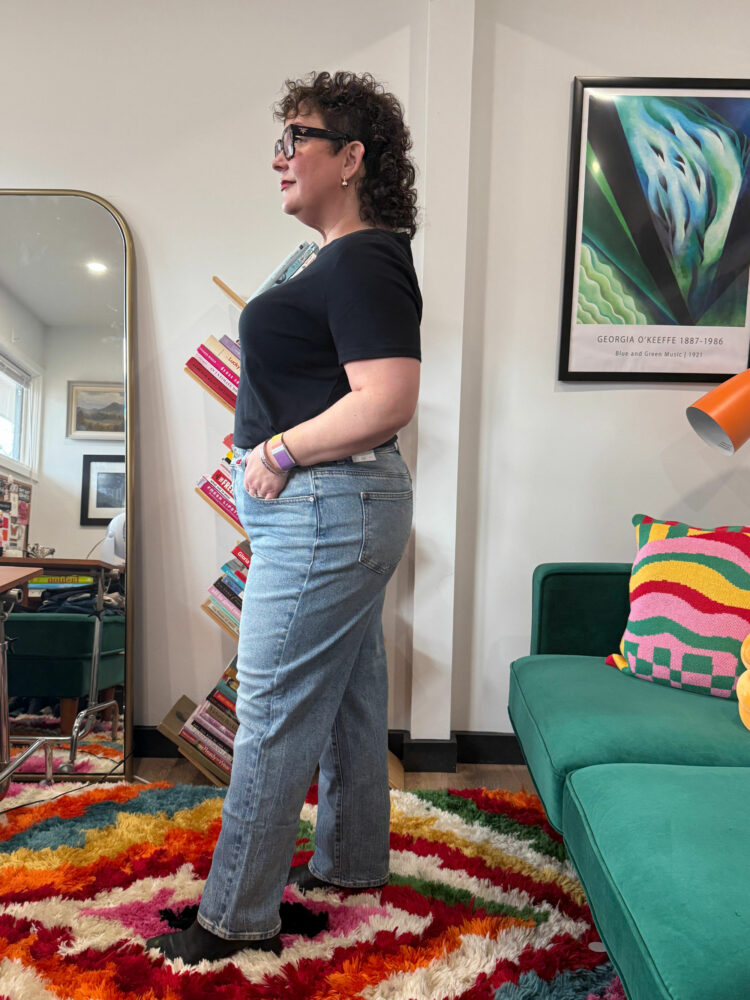 Alison Gary of Wardrobe Oxygen in a blackt-shirt tucked into the Talbots High Waist Relaxed Jeans - Allenby Wash