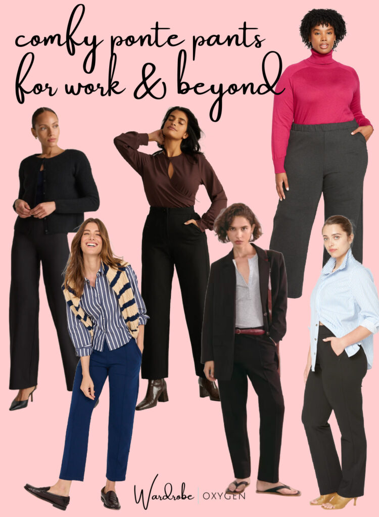 A collage of six different ponte pants that are comfortable and work appropriate