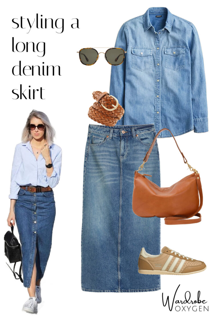 tips on how to style a long denim skirt with sneakers