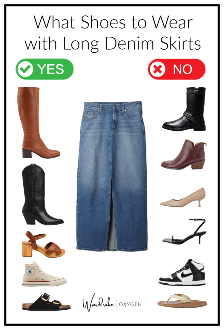 what shoes to wear with long denim skirts