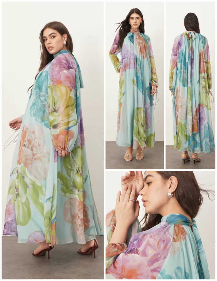 ARRANGE Curve chiffon trapeze maxi dress with balloon sleeves in large blue floral print