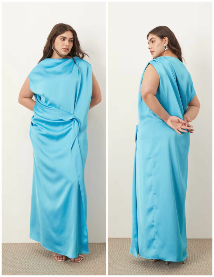 ARRANGE Curve satin side drape off shoulder maxi dress in bright blue