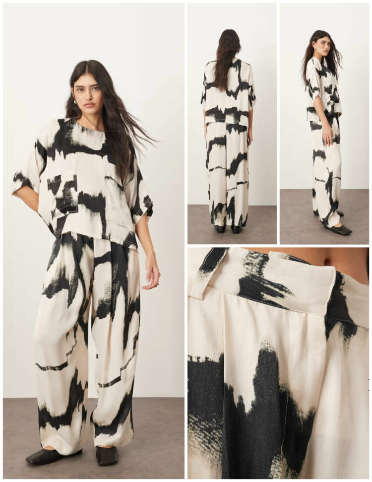 ARRANGE satin oversized t-shirt and pants set in black and white abstract print