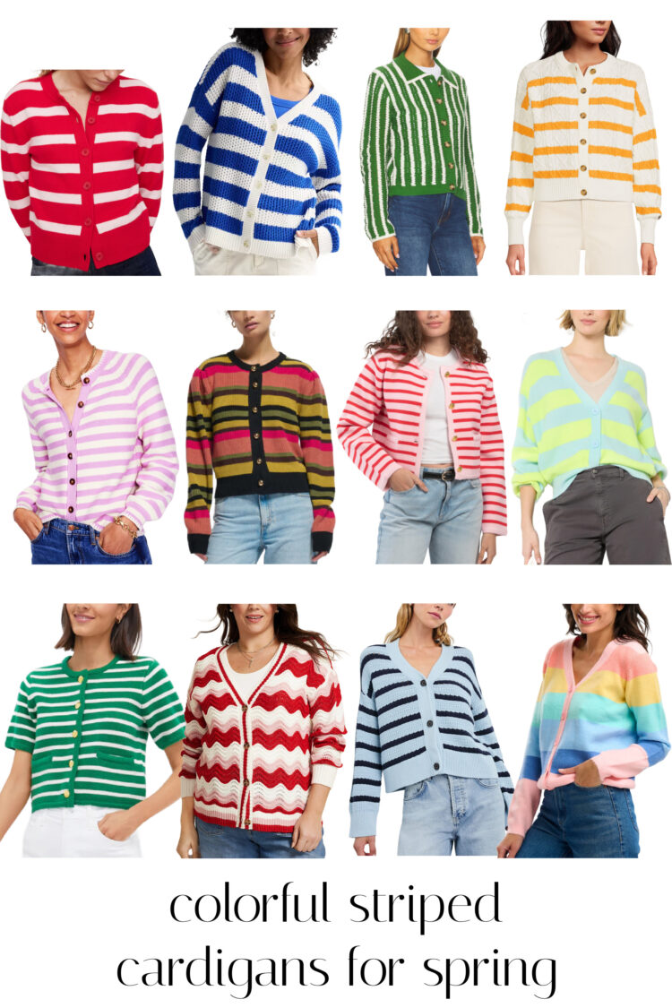 collage of 12 colorful striped cardigans for spring