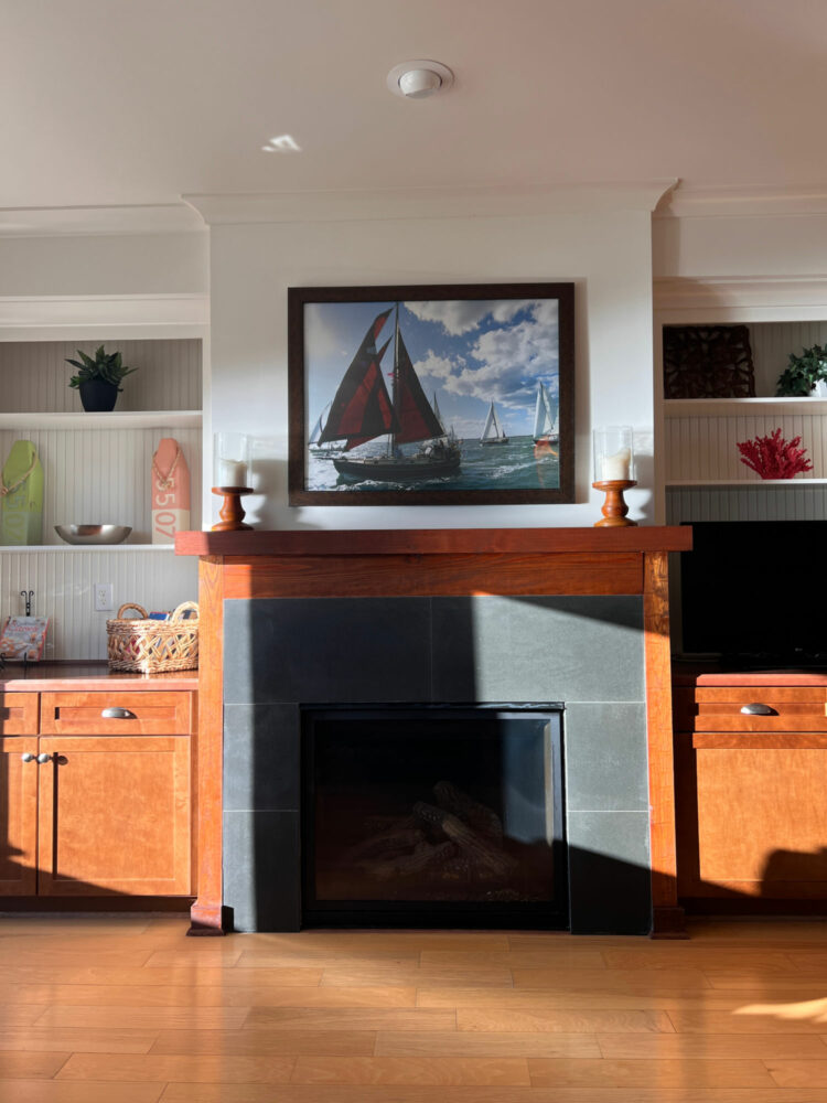 The living room fireplace in one of the Kingsmill Resort cottages on the James River