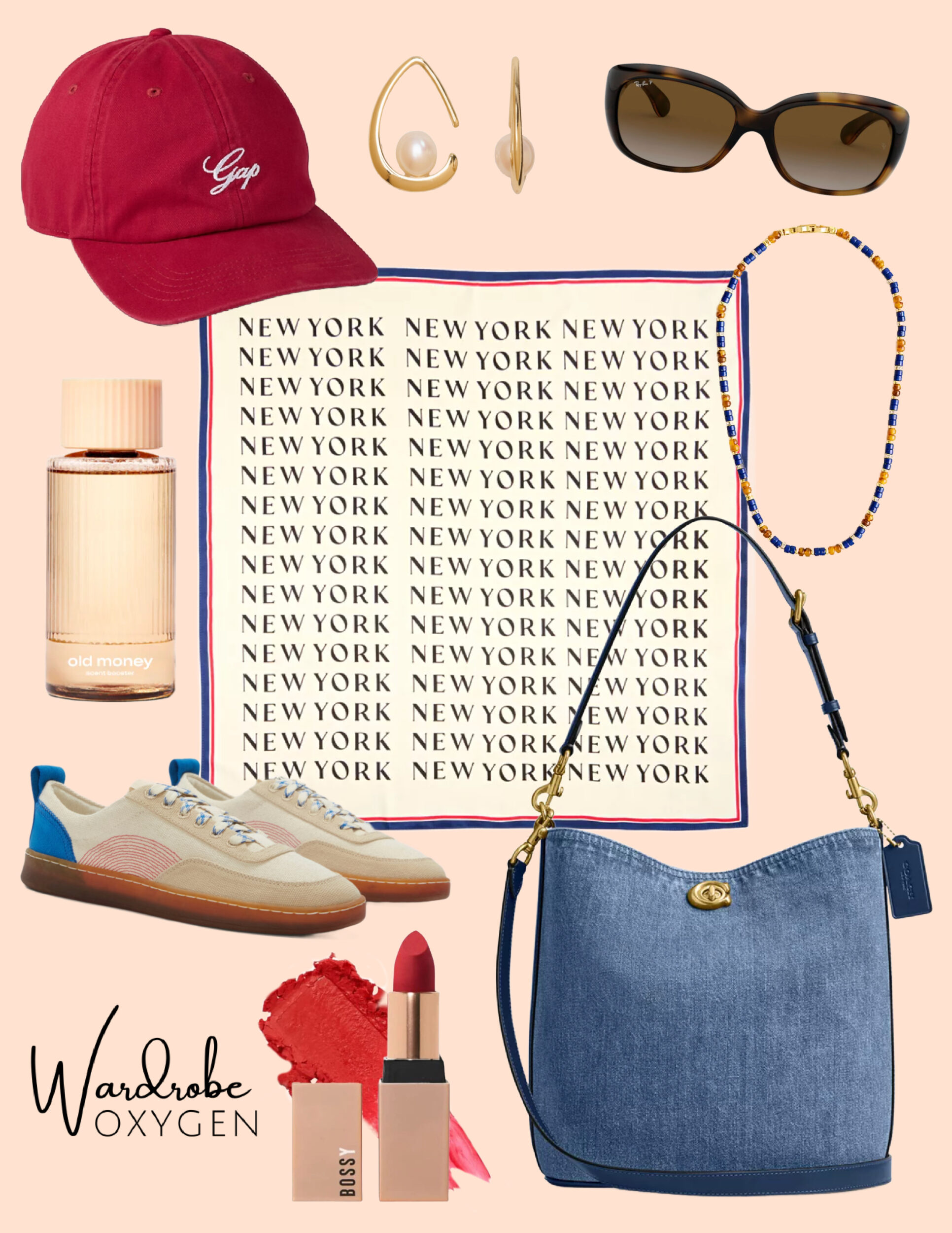 collage of spring accessories focusing on denim, cream, and red