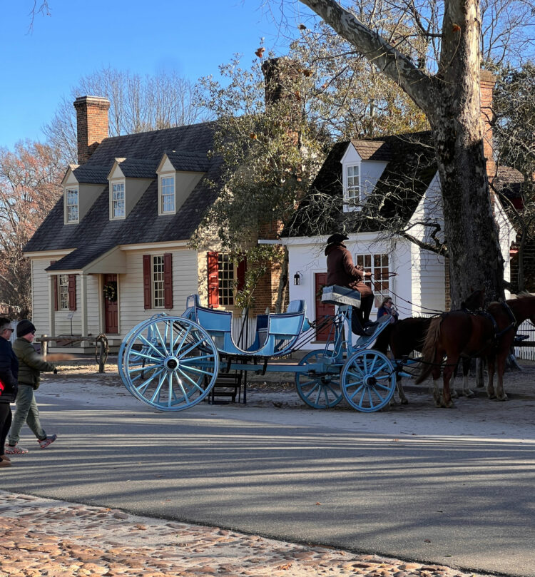 A horse and carriage in front of a home in Colonial Williamsburg in December